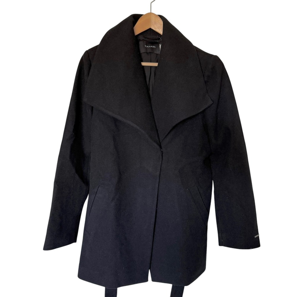 Tahari Wrap Coat Womens Size M Black NWT Shawl Collar Belted Mid Length Jacket